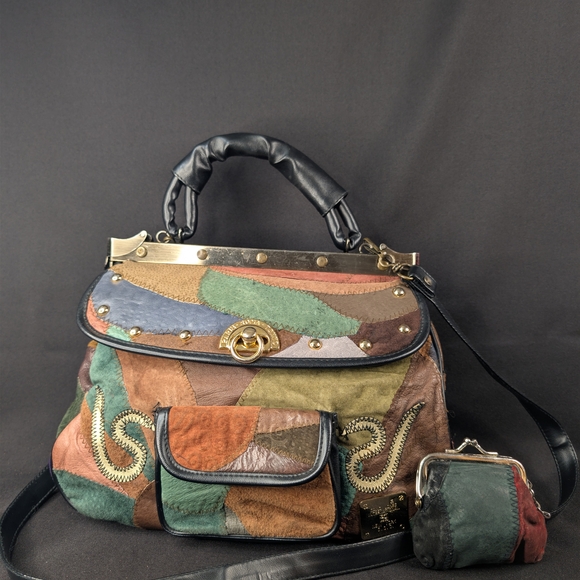 David Jones Handbags - Vintage David Jones International Patchwork Leather Frame Bag & Coin Purse